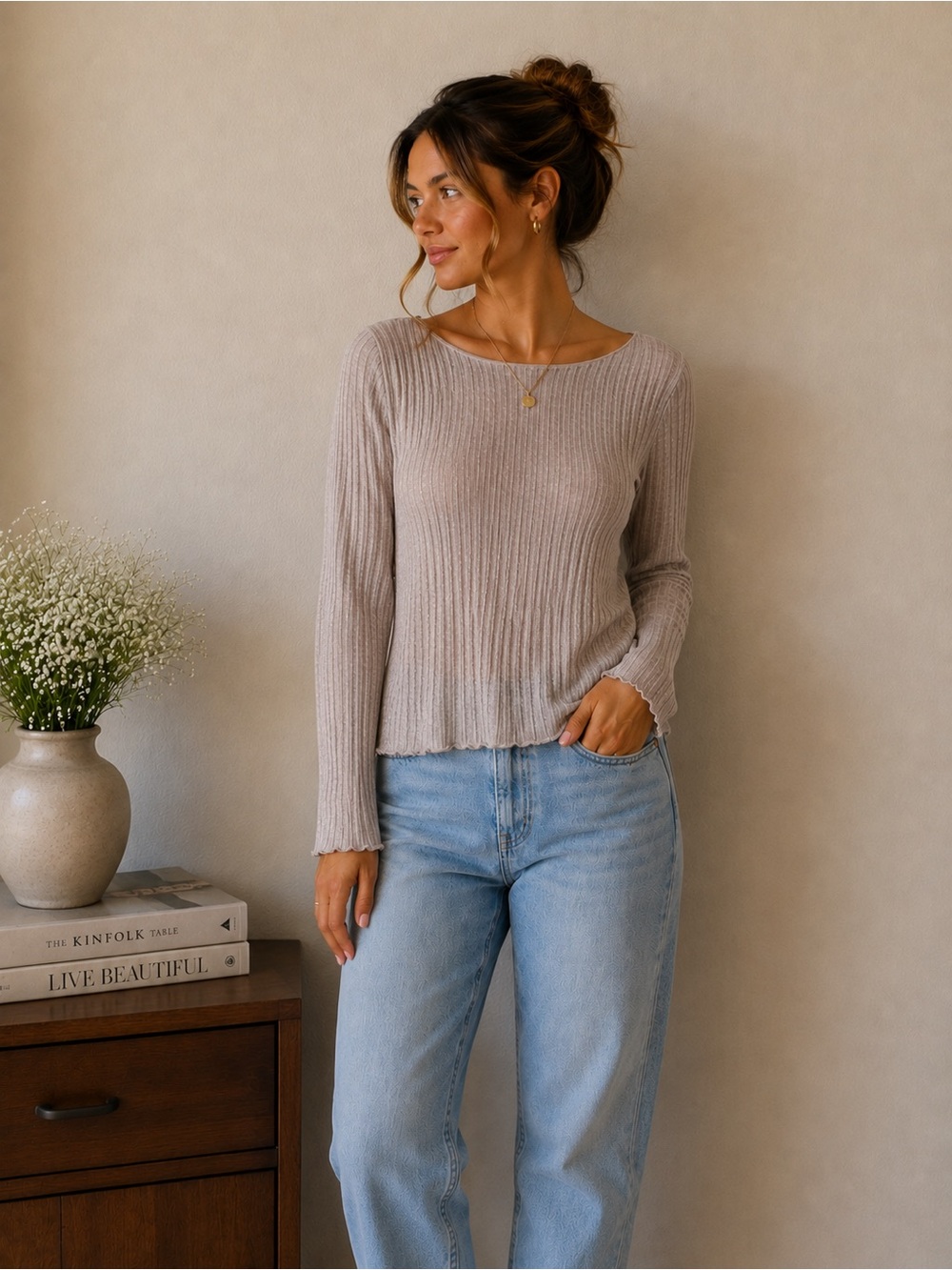 NATURAL LIFE Ribbed Long Sleeve Top in Taupe